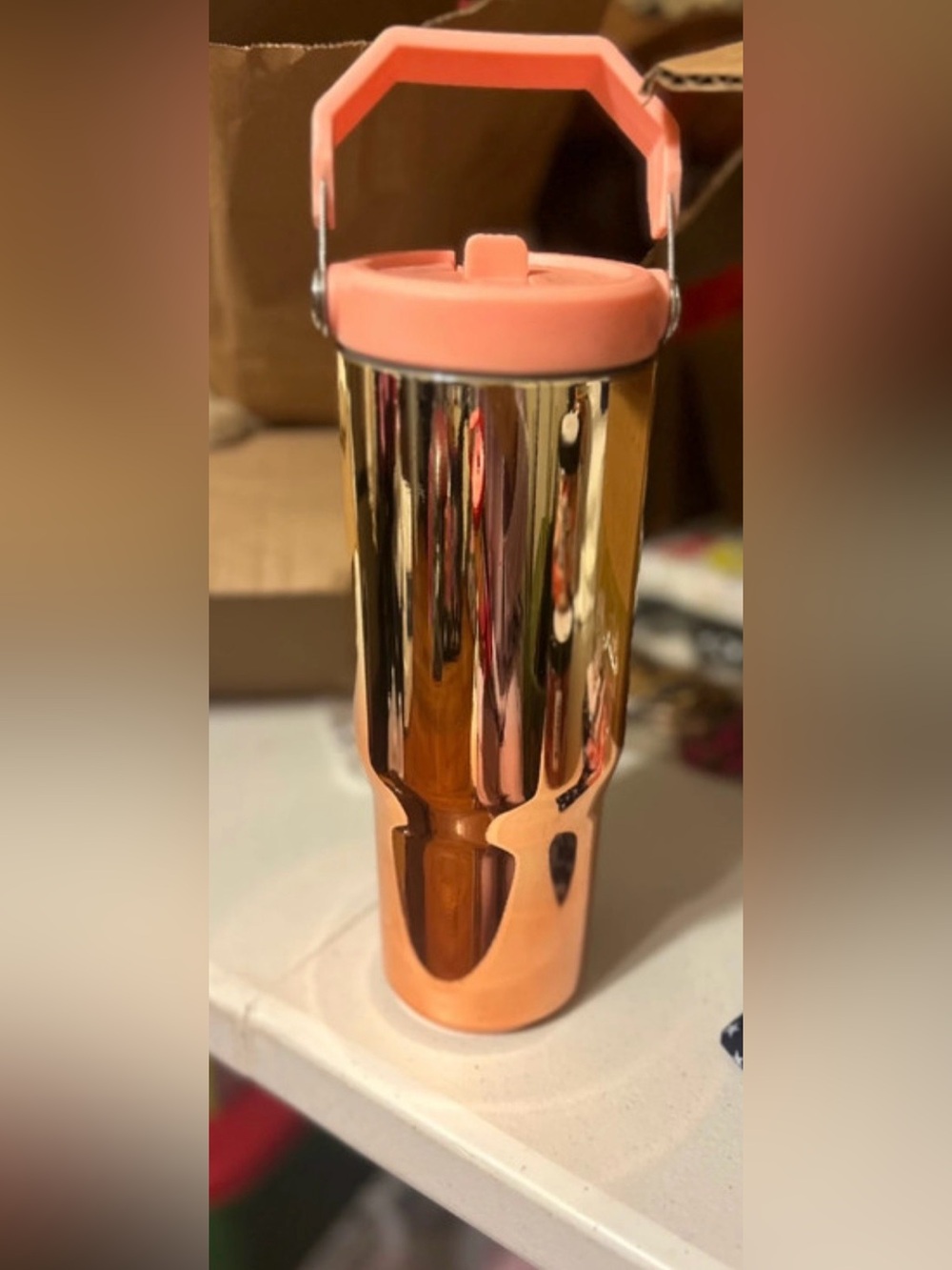 Coral Metallic Travel Tumbler with Handle